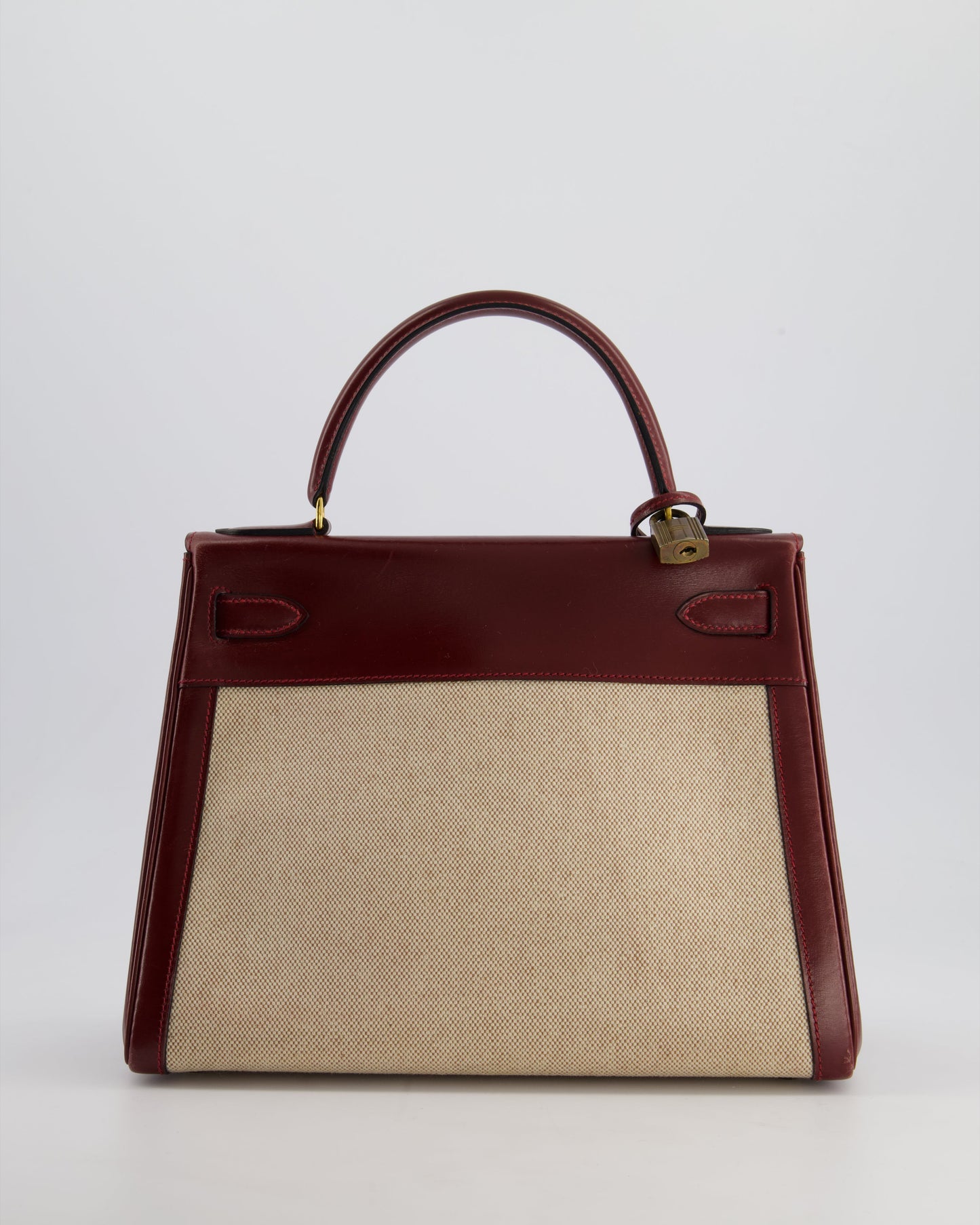 *HOT VINTAGE* Hermès Kelly 28cm Retourne Bag in Ecru Toile Canvas and Rouge H Box Calf Leather with Gold Hardware