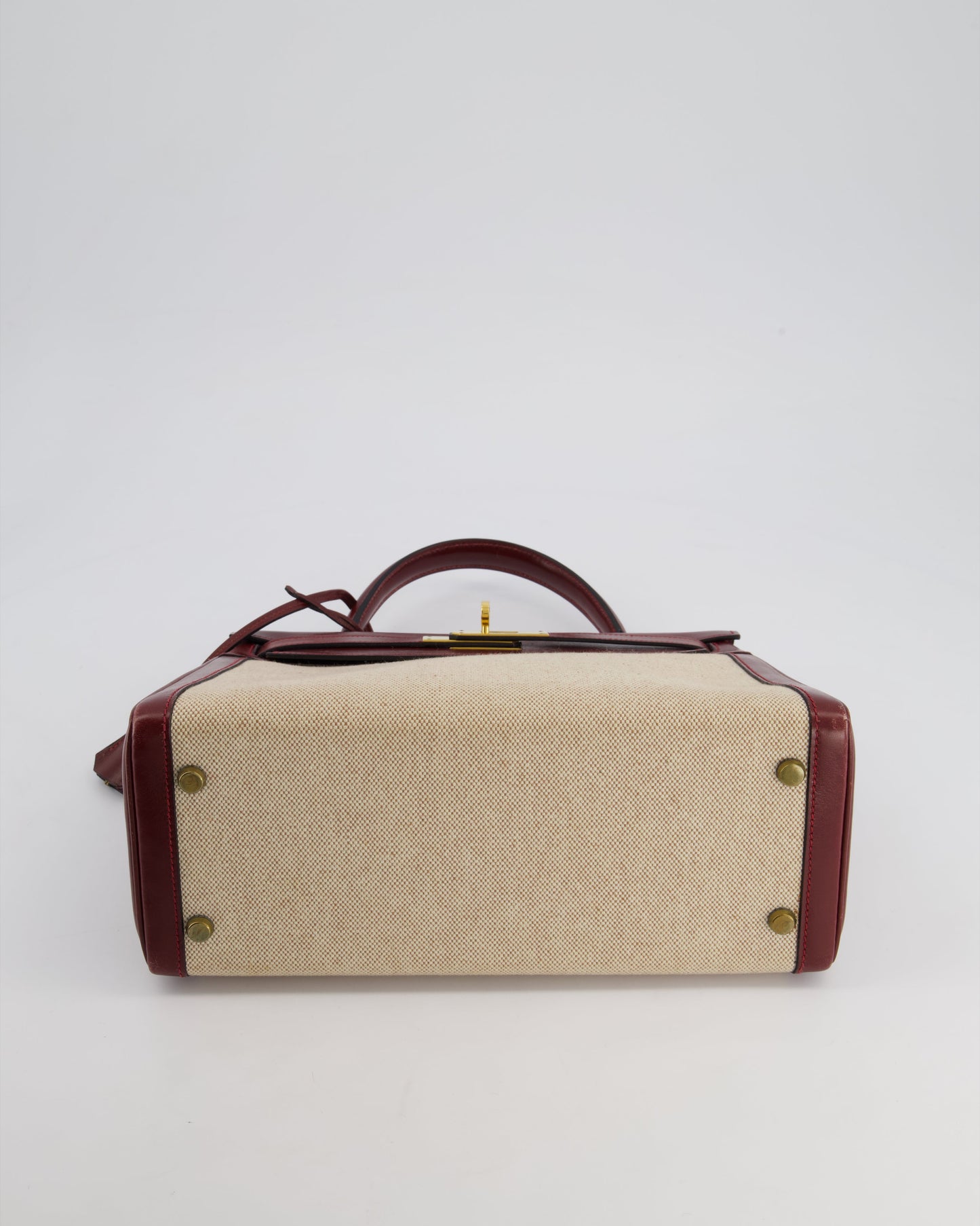 *HOT VINTAGE* Hermès Kelly 28cm Retourne Bag in Ecru Toile Canvas and Rouge H Box Calf Leather with Gold Hardware