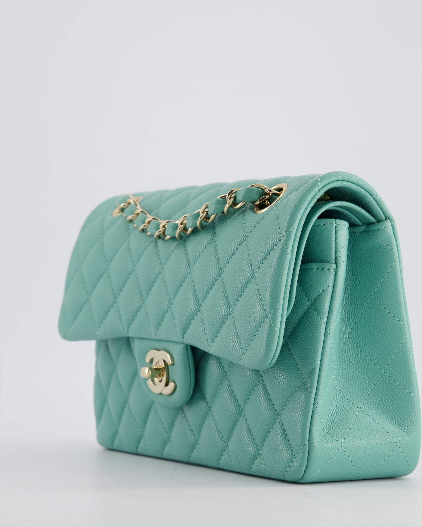 *HOT* Chanel Tiffany Blue Small Classic Double Flap Bag in Caviar Leather with Champagne Gold Hardware