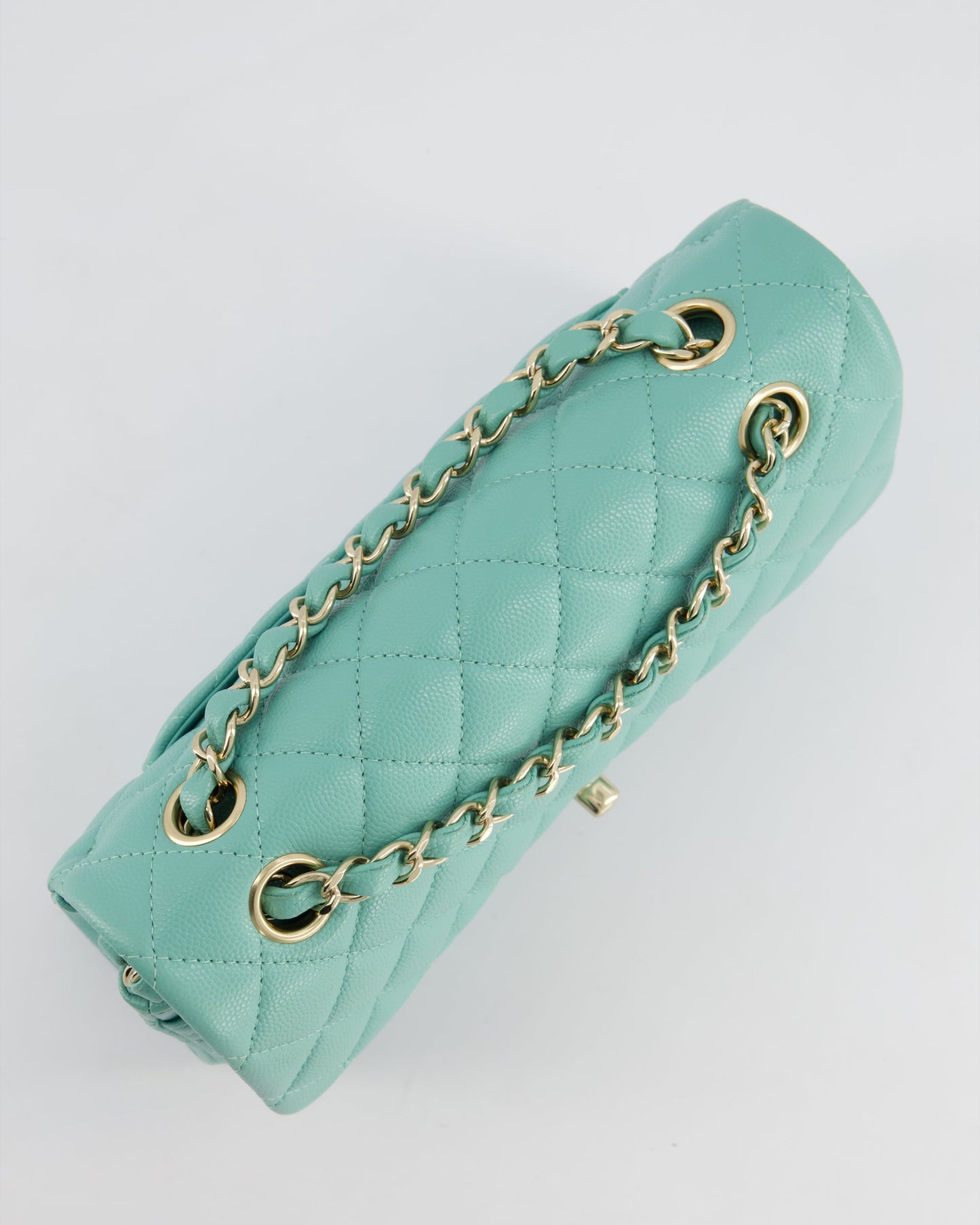 *HOT* Chanel Tiffany Blue Small Classic Double Flap Bag in Caviar Leather with Champagne Gold Hardware