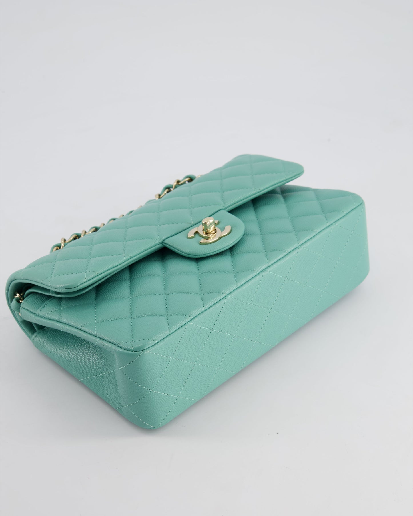 *HOT* Chanel Tiffany Blue Small Classic Double Flap Bag in Caviar Leather with Champagne Gold Hardware
