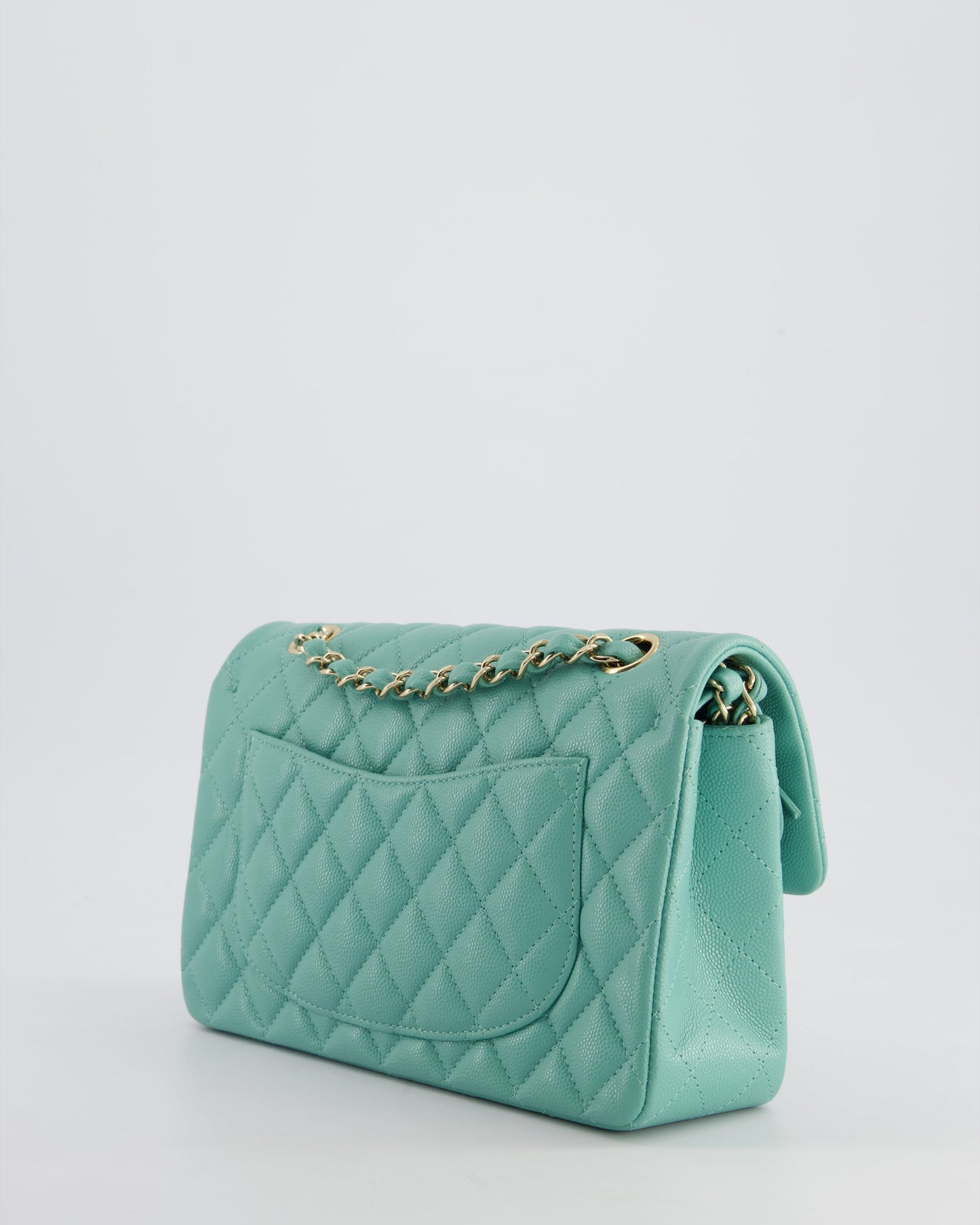 *HOT* Chanel Tiffany Blue Small Classic Double Flap Bag in Caviar Leather with Champagne Gold Hardware