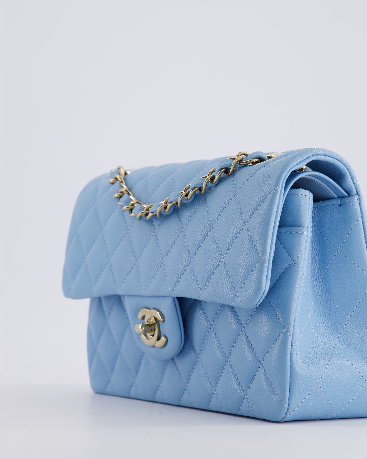 *HOT* Chanel Baby Blue Small Classic Double Flap Bag in Caviar Leather with Champagne Gold Hardware