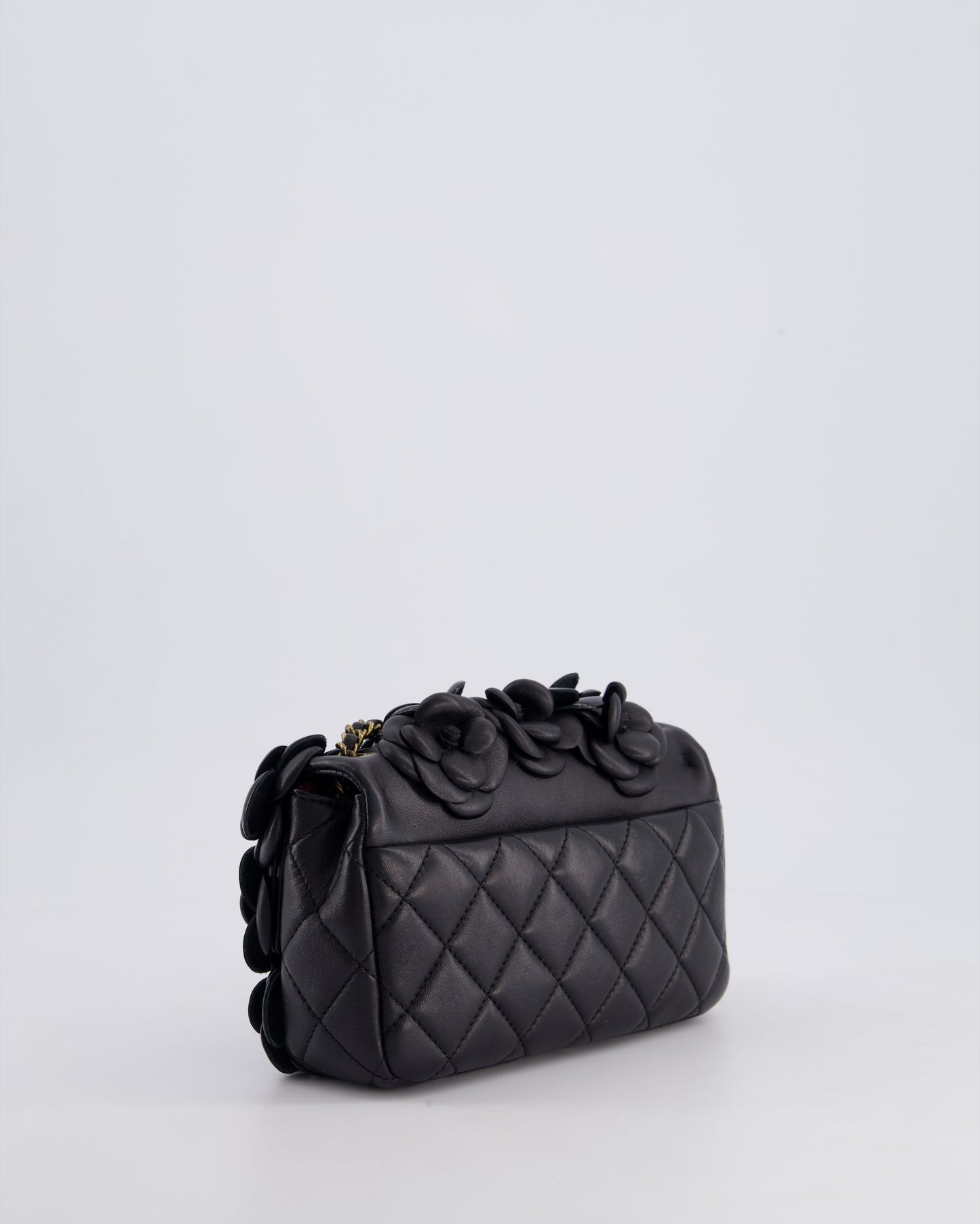 *RARE* Chanel Black Mini Single Flap Bag with 3D Camellia Embellishments in Patent and Lambskin Leather with Antique Gold Hardware
