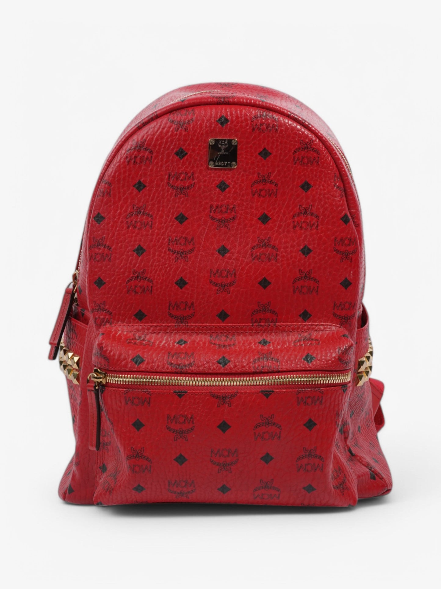 MCM Stark Visetos Monogram Stud Backpack Red / Black Leather