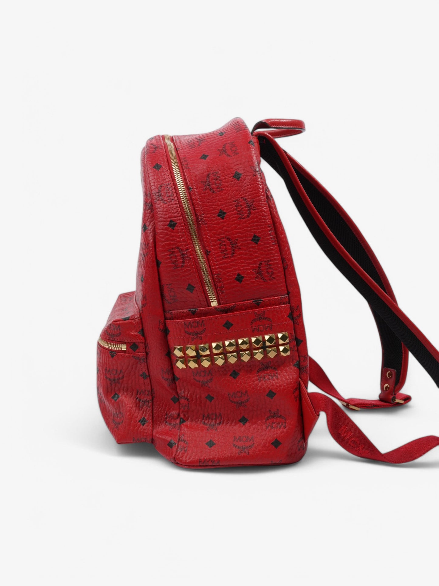 MCM Stark Visetos Monogram Stud Backpack Red / Black Leather