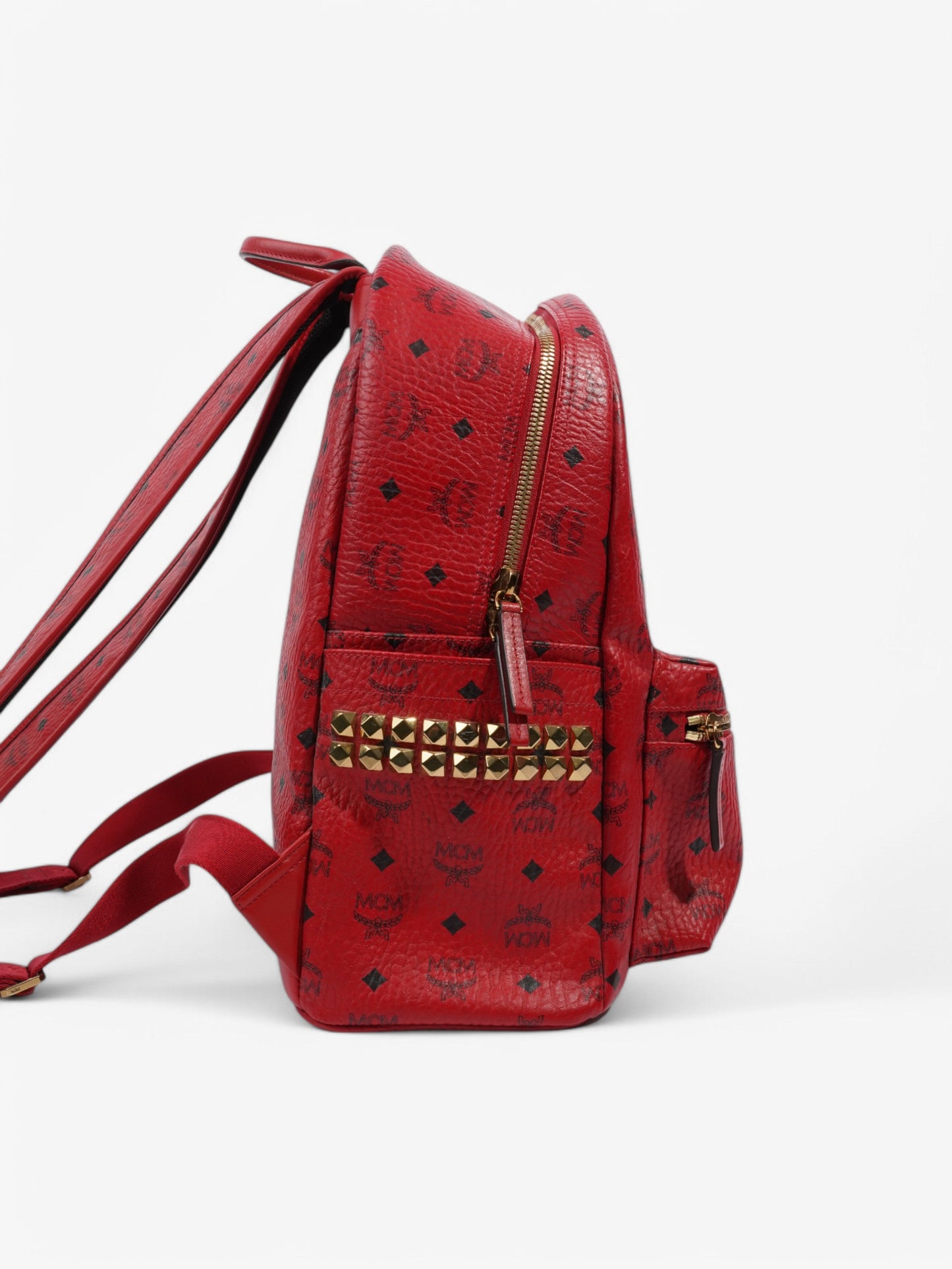 MCM Stark Visetos Monogram Stud Backpack Red / Black Leather