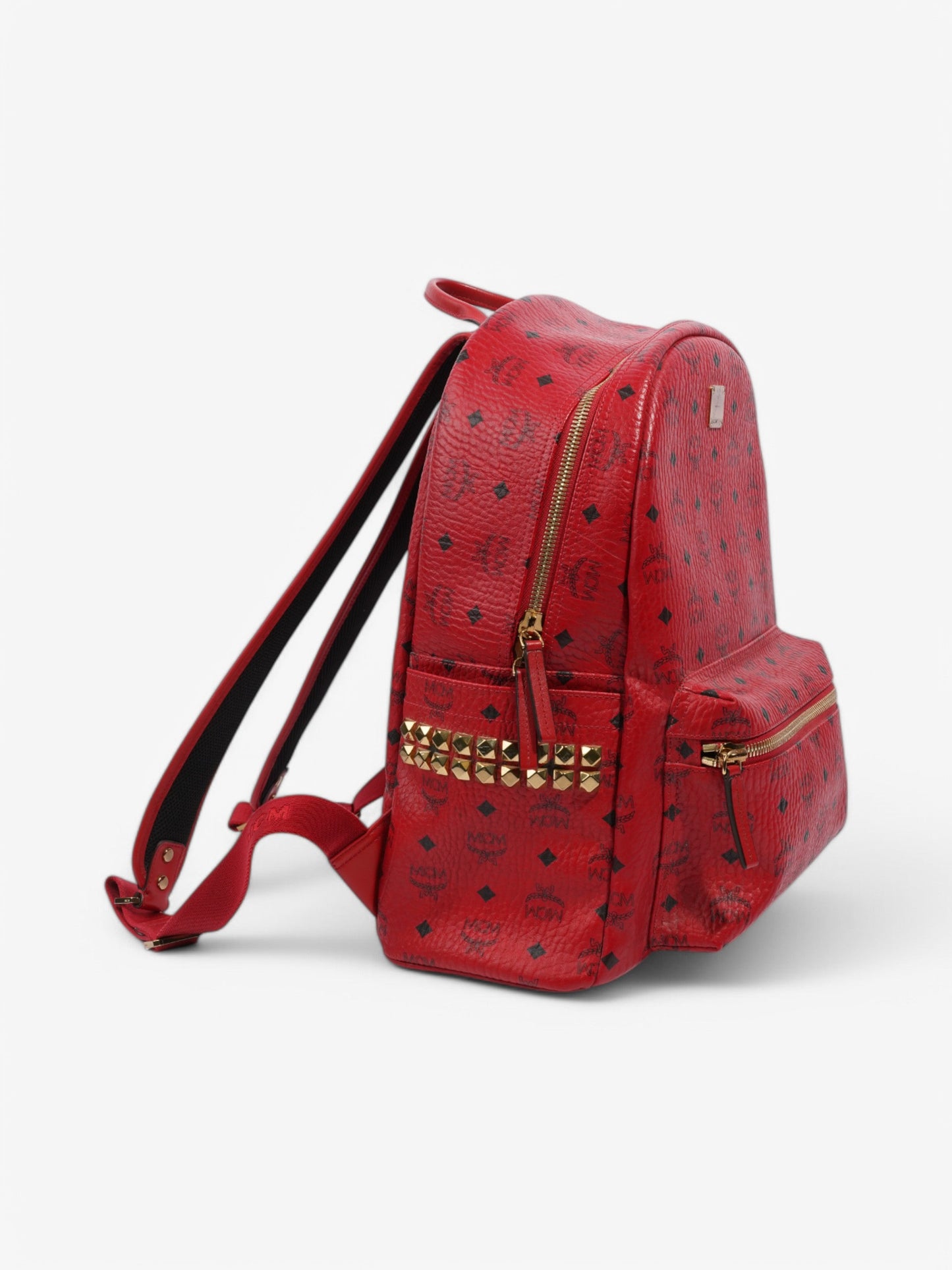 MCM Stark Visetos Monogram Stud Backpack Red / Black Leather