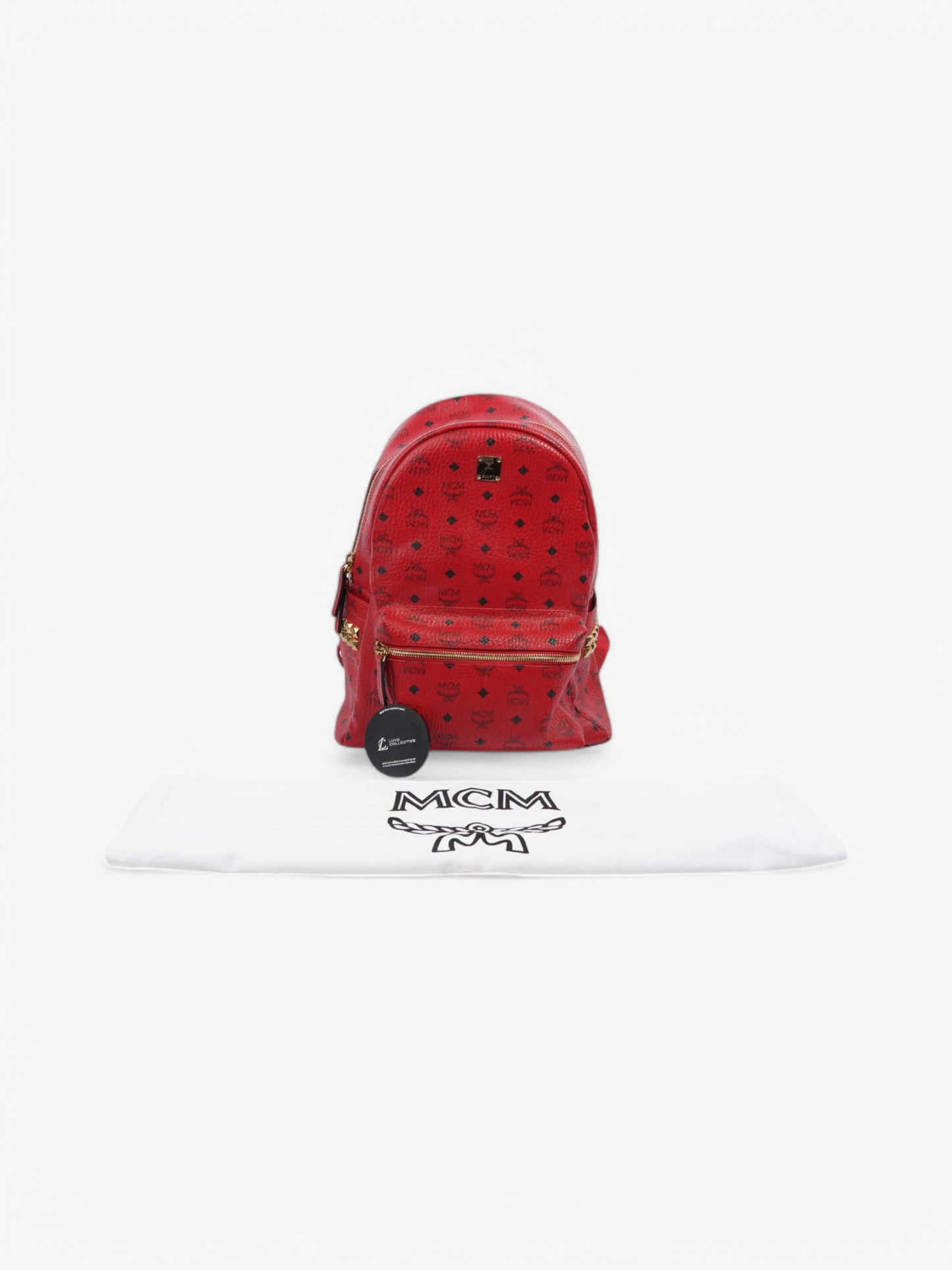 MCM Stark Visetos Monogram Stud Backpack Red / Black Leather