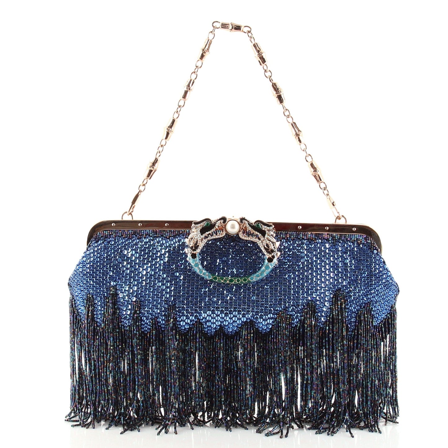 Fringe Jeweled Dragon Chain Clutch Crystal Embellished Satin