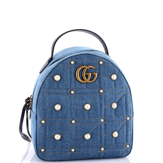 Pearly GG Marmont Backpack Embellished Matelasse Denim Small