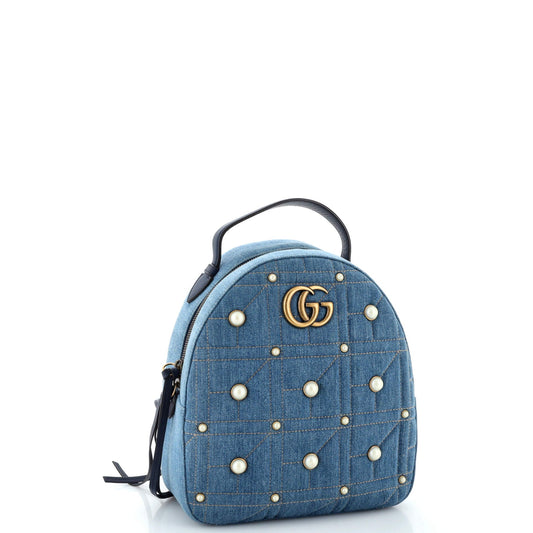 Pearly GG Marmont Backpack Embellished Matelasse Denim Small