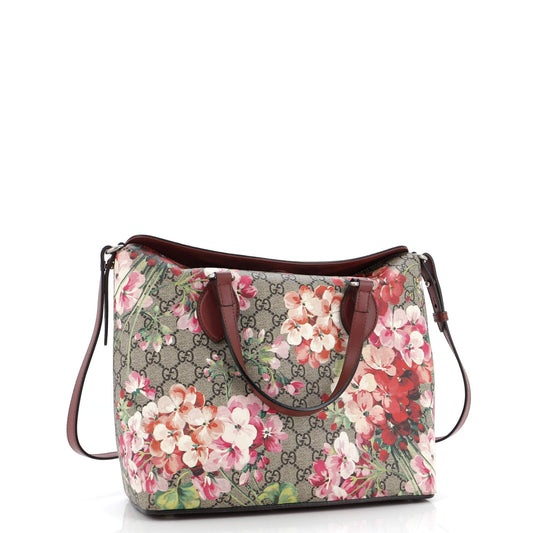 Signature Fold Over Tote Blooms Print GG Coated Canvas Medium