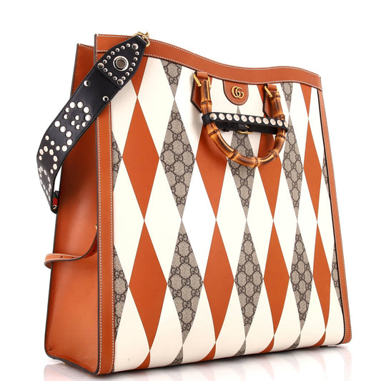 Diana NM Bamboo Handle Tote Rhombus GG Coated Canvas with Leather Large