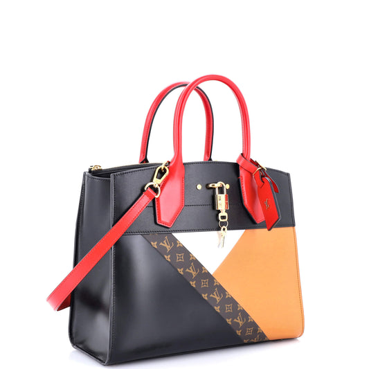 City Steamer Handbag Leather with Monogram Canvas MM