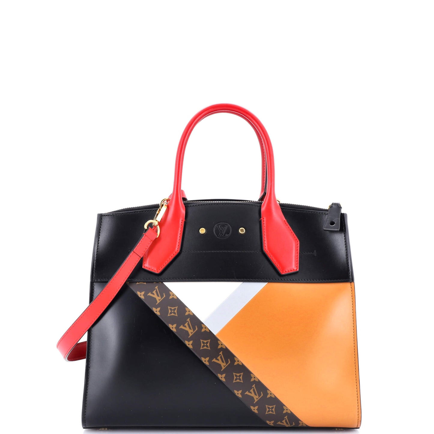 City Steamer Handbag Leather with Monogram Canvas MM