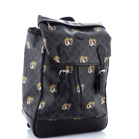 Interlocking G Patch Drawstring Flap Backpack Printed GG Coated Canvas Medium
