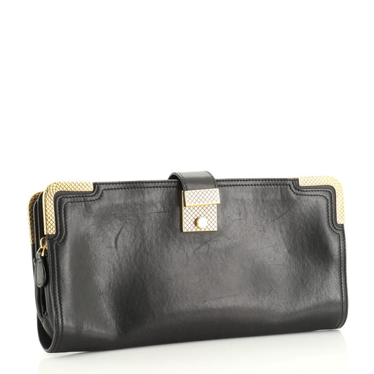 Folding Double Zip Clutch Leather with Metal Detail
