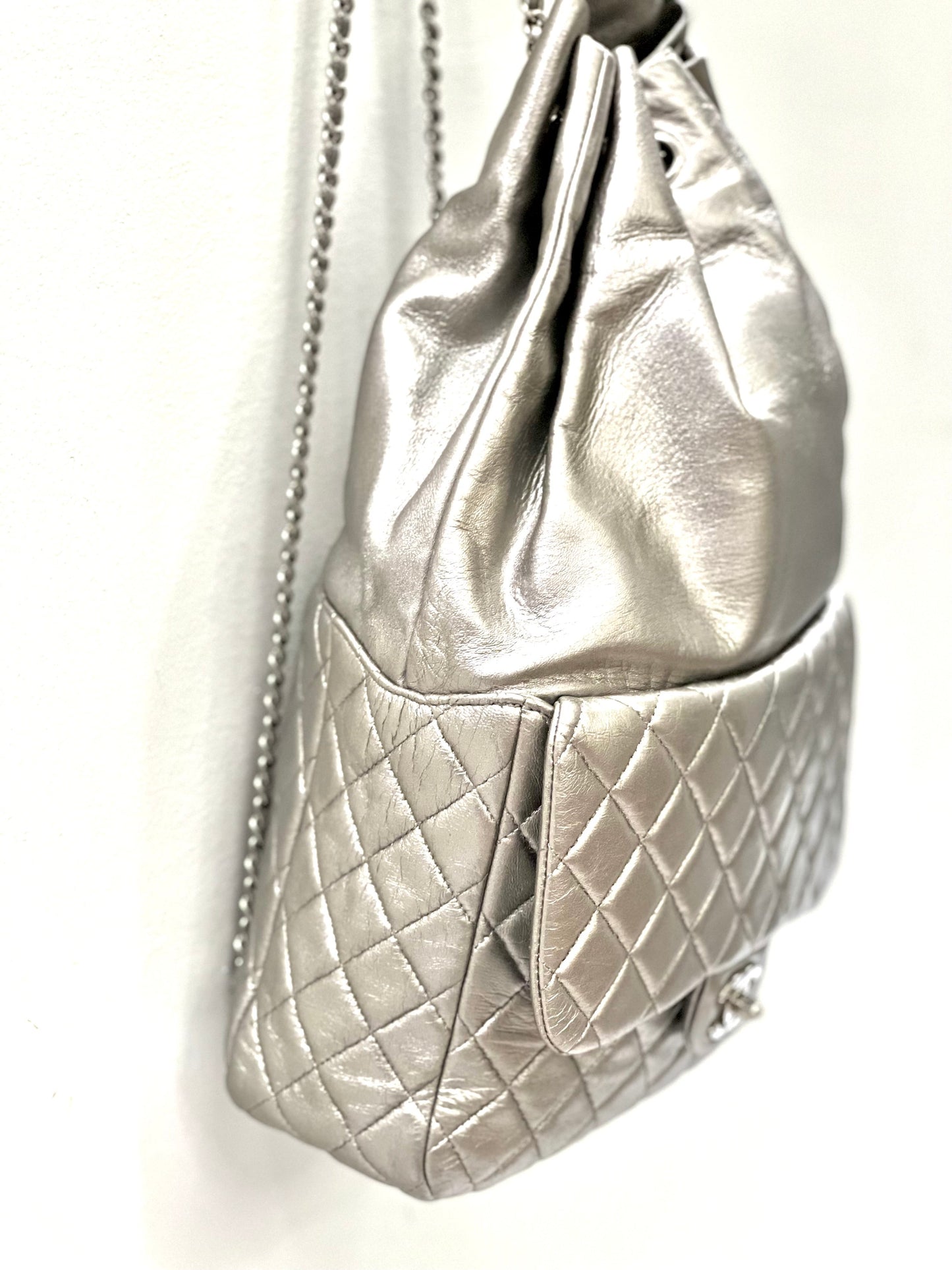 Chanel Quilted Metallic Silver Seoul Backpack