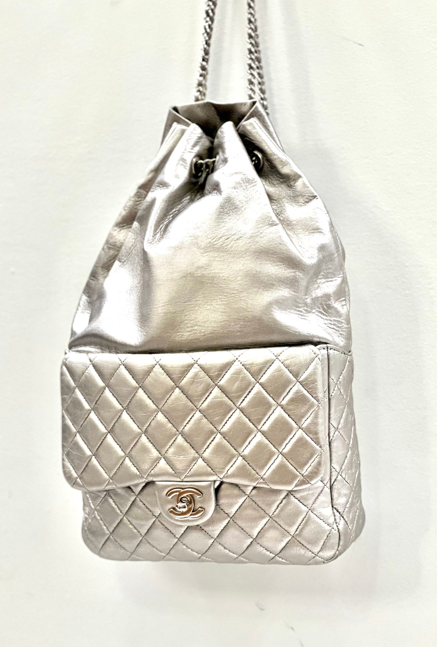 Chanel Quilted Metallic Silver Seoul Backpack