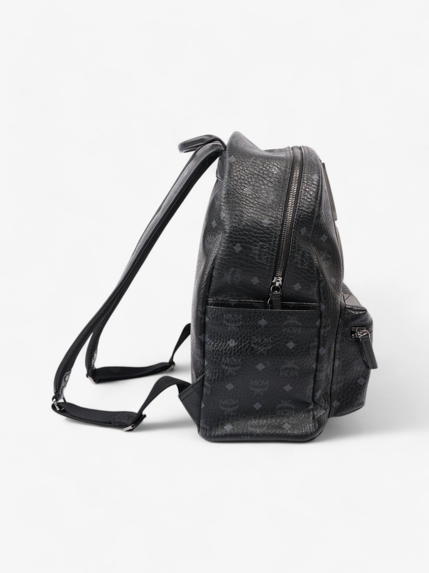 MCM Stark Logo Stripe Backpack Black / Grey Coated Canvas
