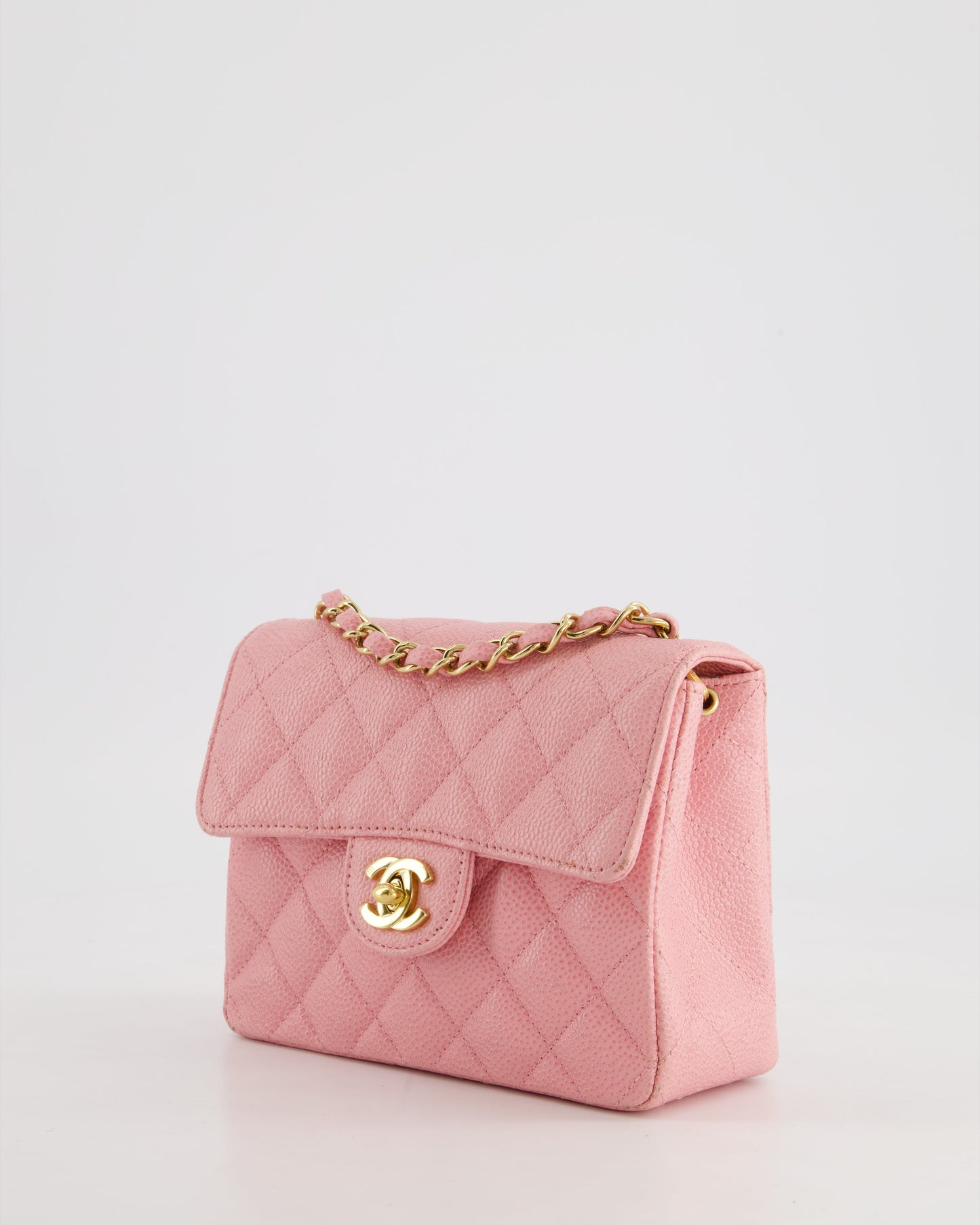 *RARE* Chanel Pink Mini Square Flap Bag in Caviar Leather with 24K Gold Plated Hardware
