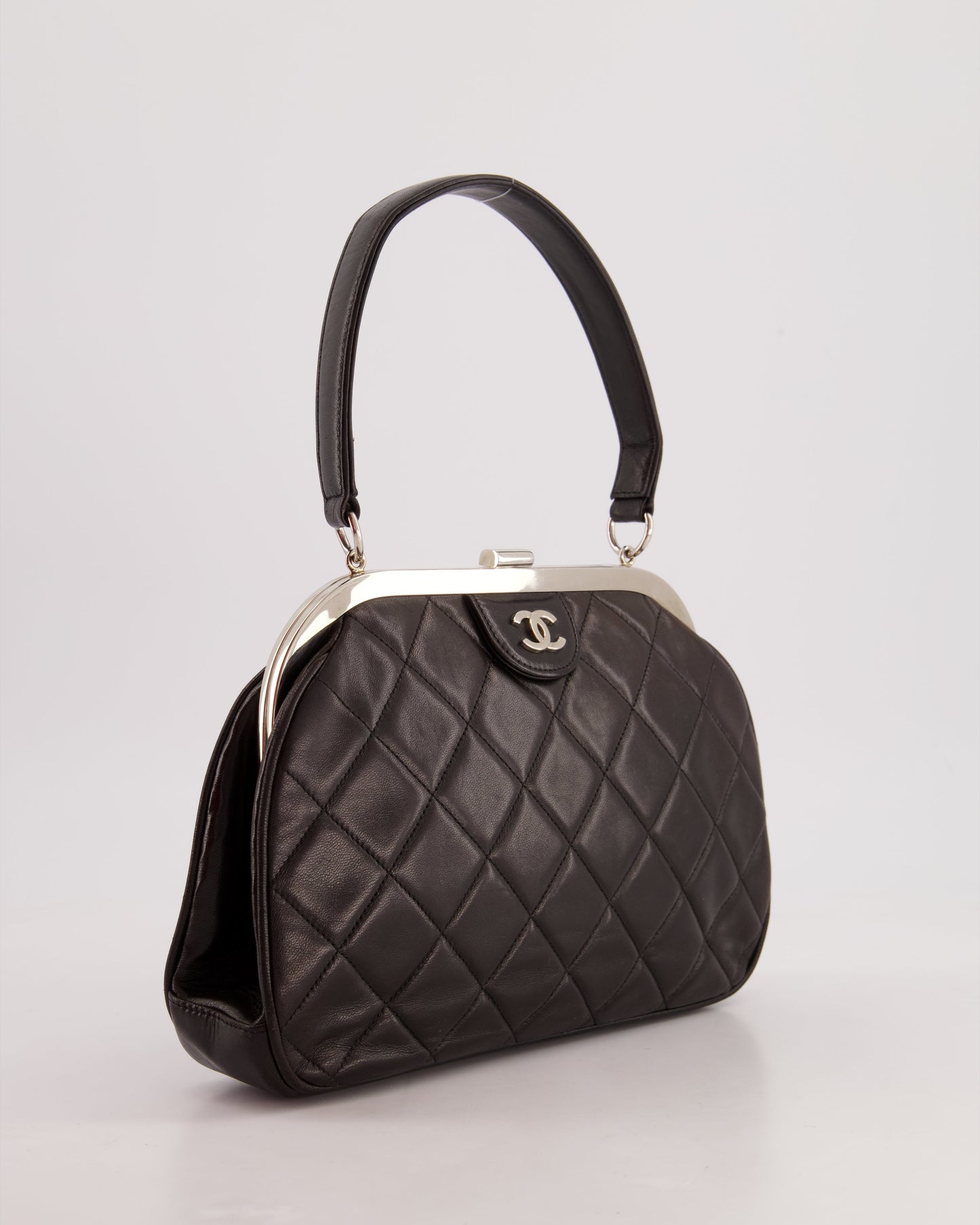 *RARE VINTAGE* Vintage Black Quilted Top Handle Bag with Silver Hardware
