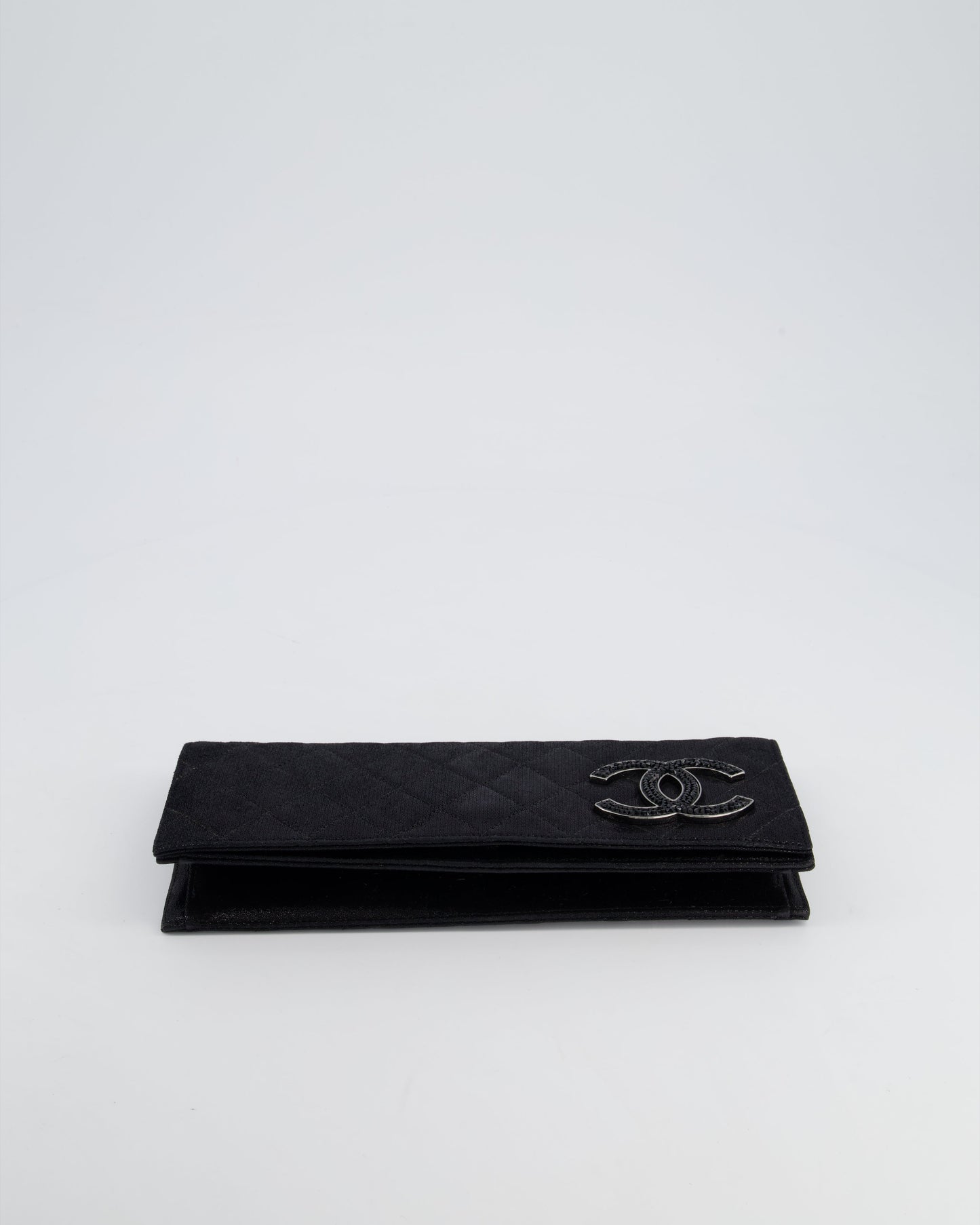 *HOT* Chanel Black Shiny Quilted Long Clutch in Coated Calfskin with Silver Hardware and Crystal CC Detail