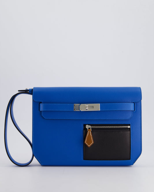 *HOT* Hermès Kelly Depeches Pouch 25cm Bag in Bleu Hydra Evercolour, Noir Evergrain & Fauve Barenia Leather with Palladium Hardware