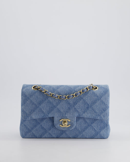 *HOT* Chanel Blue Denim Small Double Flap Bag With Quilting Detail and Champagne Gold Hardware