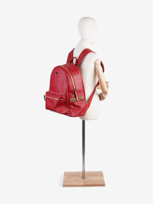 MCM Stark Visetos Monogram Stud Backpack Red / Black Leather